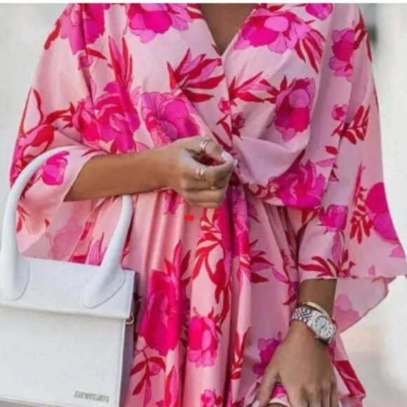 Boho Floral Ruffle Pink Mini Dress (SM) - Picture 1 of 8